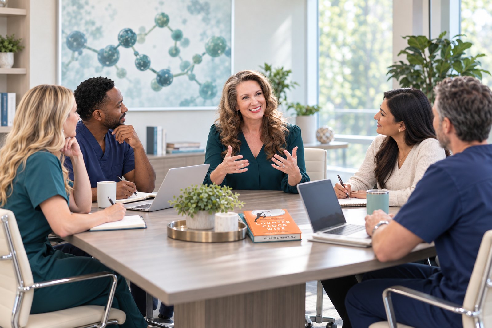 Dr. Suzanne Ferree in discussion with providers around a conference table, cellular medicine case review